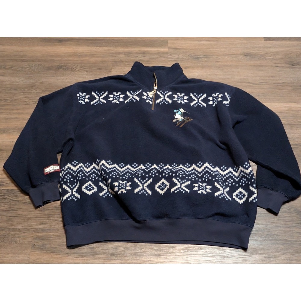 Disney Store Mickey Mouse Skiing Fleece Quarter Zip Navy Fair Isle XXL Pullover